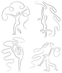 Collection. Rhythmic gymnastics. Silhouette of a girl with a ribbon. Beautiful gymnast. The woman is slim and young. Vector illustration set
