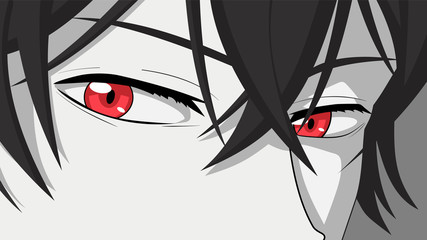 Cartoon face with red eyes. Vector illustration for anime, manga in japanese style - obrazy, fototapety, plakaty