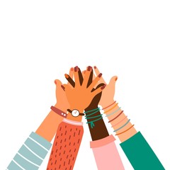 Hands together - set of different races raised up hands. The concept of education, business training, volunteering charity, party.