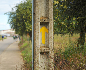 Flecha amarilla pintada en un poste eléctrico de cemento, símbolo de información del Camino de Santiago para peregrinos, Extremadura, España