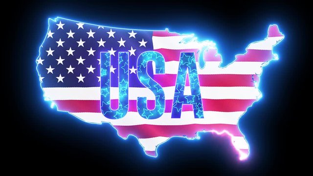United States of America map with neon glowing light. Creative animation of America, shiny outline USA map with flag. 