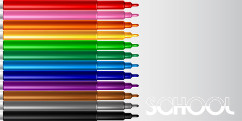 Colored markers and the word School. Design for school supplies.