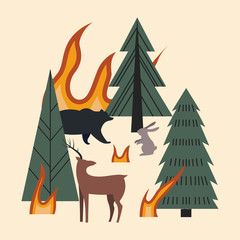 Trees, animals and flames. The forest is on fire. Burning forest with animals - deer, bear and hare. Concept of consequences of forest fires. Flat vector illustration.