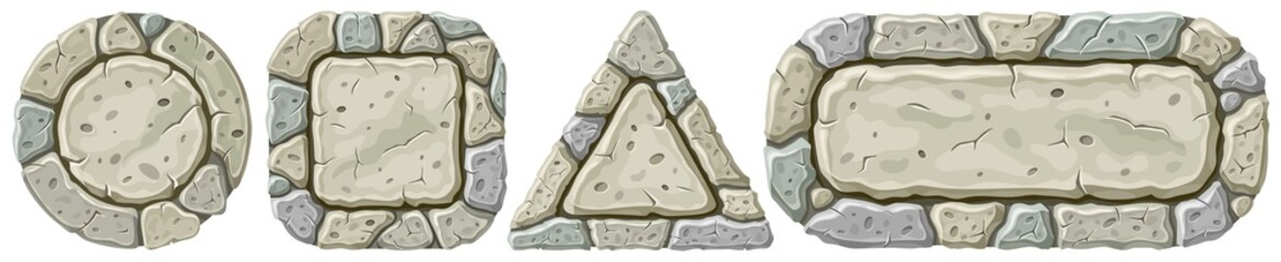 Vector illustration set of stone boards. Isolated cartoon frames with space for text on white background.