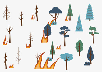 Trees and flames. The forest is on fire. Burning forest. Concept of consequences of forest fires. The woods on fire before and after. Flat vector illustration.