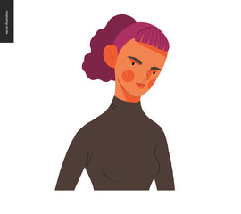 Real people portrait - hand drawn flat style vector design concept illustration of a young purple-haired woman, face and shoulders avatar. Flat style vector icon