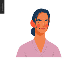 Real people portrait - hand drawn flat style vector design concept illustration of a young brunette woman, face and shoulders avatar. Flat style vector icon