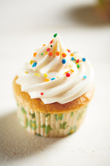 Vanilla Cupcake with Sprinkles on White Surface