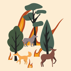 Trees, animals and flames. The forest is on fire. Burning forest with animals - deer, fox and wolf. Concept of consequences of forest fires. Flat vector illustration.