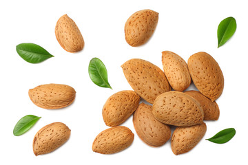 almonds with green leaves isolated on white background. top view.