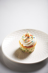 Vanilla Cupcake on White Plate and White Background