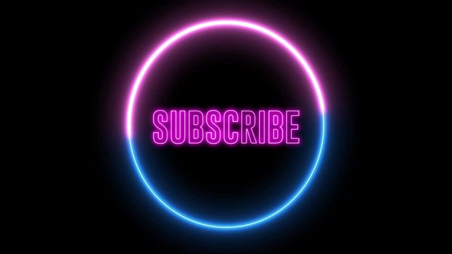 Text of "SUBSCRIBE" inside neon colorful circle. Social media animation. 