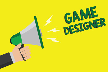 Text sign showing Game Designer. Conceptual photo Campaigner Pixel Scripting Programmers Consoles 3D Graphics Man holding megaphone loudspeaker yellow background message speaking loud