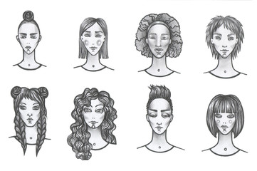 Hairstyles. Girls portraits. Nationalities. Beautiful faces. Icons. Illustration. Drawing. Art.