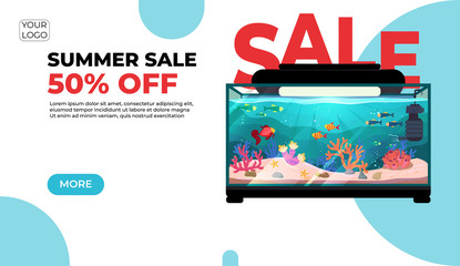 Summer sale, modern web banner in paper cut style for your website with round aquarium with fish