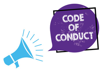 Conceptual hand writing showing Code Of Conduct. Business photo text Ethics rules moral codes ethical principles values respect Megaphone loudspeaker speaking loud screaming purple speech bubble