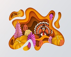 Happy thanksgiving orange layered background. Turkey, pumpkin, autumn leaves, vector design - 282690543