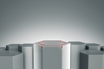 Elegant Blank product stand with light and glow. Hexagon platform for design. Pedestal for display. Futuristic concept background. 3D rendering