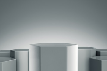 Elegant Hexagon Blank product stand. Platform for design. Pedestal for display. Futuristic concept background. 3D rendering