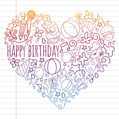 Vector set of cute creative illustration templates with birthday theme design. Hand Drawn for holiday, party invitations. Drawing by pen on exercise notebook.
