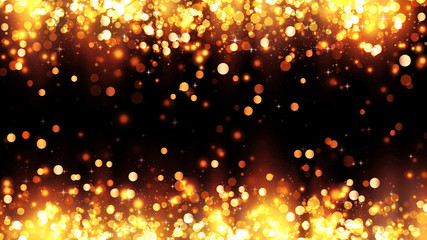 Frame of bright golden particles with magic highlights. Background with golden glitter particles....
