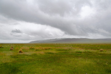 Fototapeta premium Chui steppe and summer clouds and view on Altai mountains, Altai Republic, Siberia, Russia.