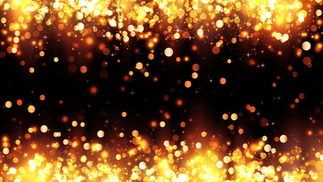 Frame of bright golden particles with magic highlights. Background with golden glitter particles. Beautiful holiday background template for premium design