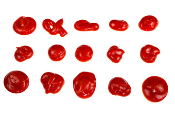 Fototapeta na wymiar Red sauce splashes isolated on white background. Ketchup.