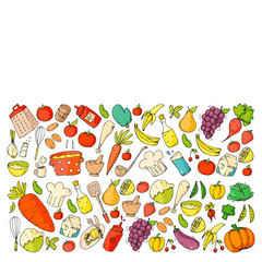 Healthy food and cooking. Fruits, vegetables, household. Doodle vector set.