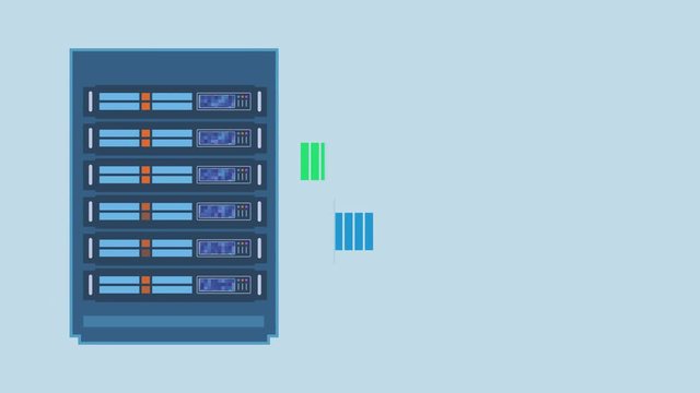 server rack sending and receiving data, concept of computer network and cloud computing, cartoon style animation, seamless loop, copy space, luma matte for background replacement