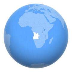 Angola on the globe. Earth centered at the location of the Republic of Angola. Map of Angola. Includes layer with capital cities.