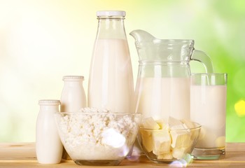 Glass of milk  and Dairy products on  background