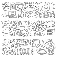 Vector set of Back to School icons in doodle style. Painted, colorful, pictures on a piece of paper on white background. Drawing by black pen on notebook.