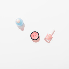 Flat lay composition of women's cosmetic products