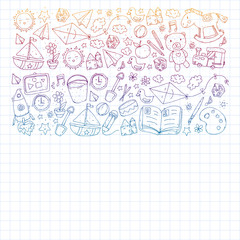 Kindergarten with toys. Pattern for children. Little preschool kids education. Drawing, learning, play