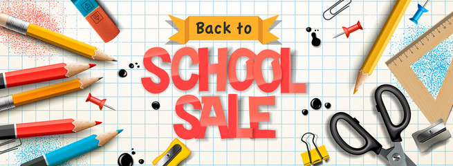 Back to school Sale horizontal banner, pencils and supplies on checkered paper background, vector illustration