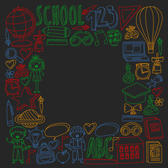 Vector set of back to school icons in doodle style. Drawing with colored chalk on a school blackboard.