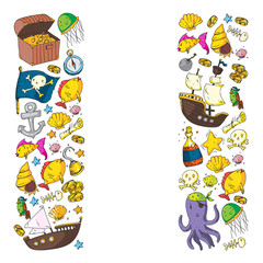 Ocean and sea for children. Pattern for boys. Pirate party. Cute fishes, animals, treasures. Kids vacation pattern, beach toys and elements.