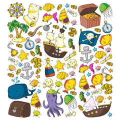 Ocean and sea for children. Pattern for boys. Pirate party. Cute fishes, animals, treasures. Kids vacation pattern, beach toys and elements.