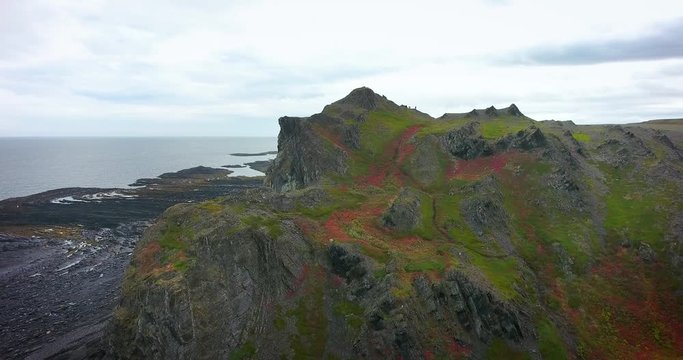 Cape Kekurskiy, Russia. Rybachiy Peninsula. Beyond the Arctic Circle. Far North. Coast of the Arctic Ocean. Aerial flights. UltraHD 4K
