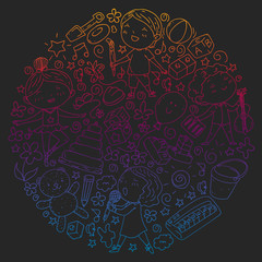 Painted by hand style seamless pattern on the theme of childhood. Vector illustration for children design. Drawing with colored chalk on a school blackboard. In gradient style.