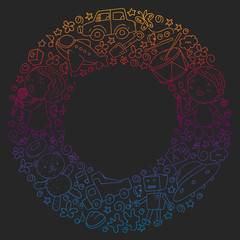 Painted by hand style seamless pattern on the theme of childhood. Vector illustration for children design. Drawing with colored chalk on a school blackboard. In gradient style.