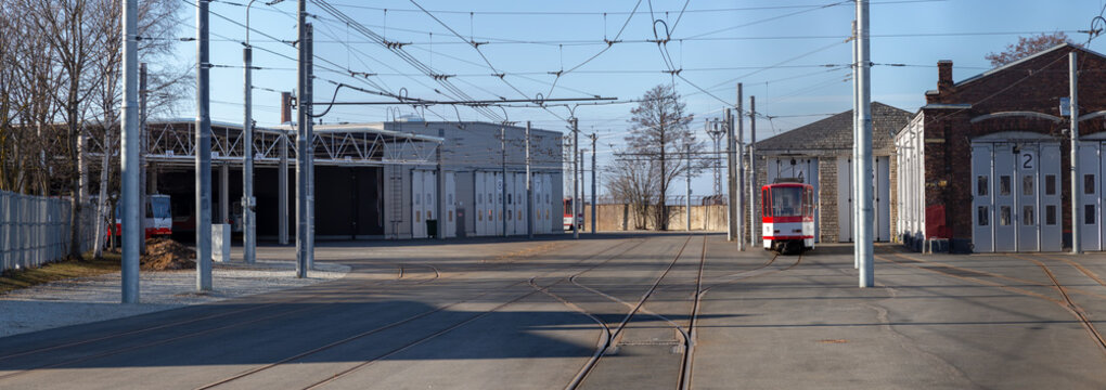 Panoramic view of tram depot station