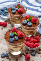 Classic tiramisu dessert with blueberries and raspberries in a glass and napkin on concrete background
