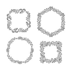 Set of vector monoline round autumn wreath. Bouquet frame with leaves, berries and other autumnal elements isolated on white background. Perfect for seasonal holidays, Thanksgiving Day