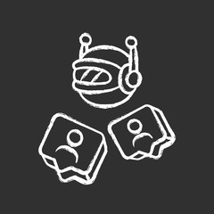 Social bot chalk icon. Socialbot, chatbot. SMM automation tool. Software program. Automatically generating messages. Network communication. Online help service. Isolated vector chalkboard illustration