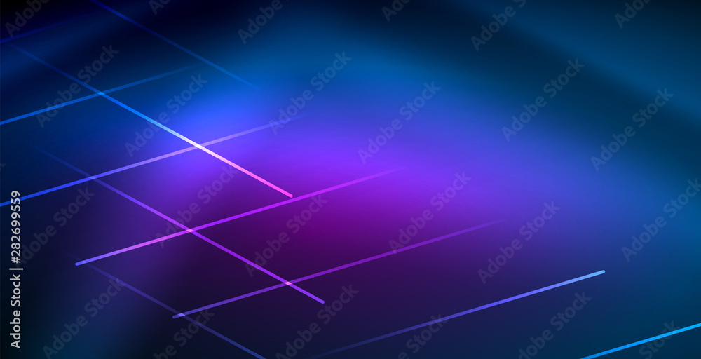 Wall mural neon glowing techno lines, blue hi-tech futuristic abstract background template with lights