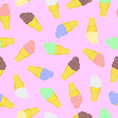 Seamless simple pattern. Waffle cone with ice cream, multicolored. Pink background.