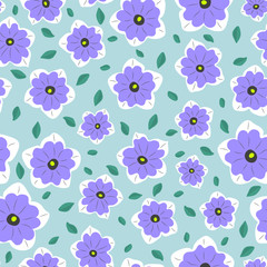 Seamless simple pattern. Minimal style. Lilac flowers and green leaves on a light green background.
