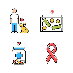 Volunteering color icons set. Humanitarian assistance. Altruistic activity. Animals welfare, donation box, medical aid, awareness ribbon. Isolated vector illustrations